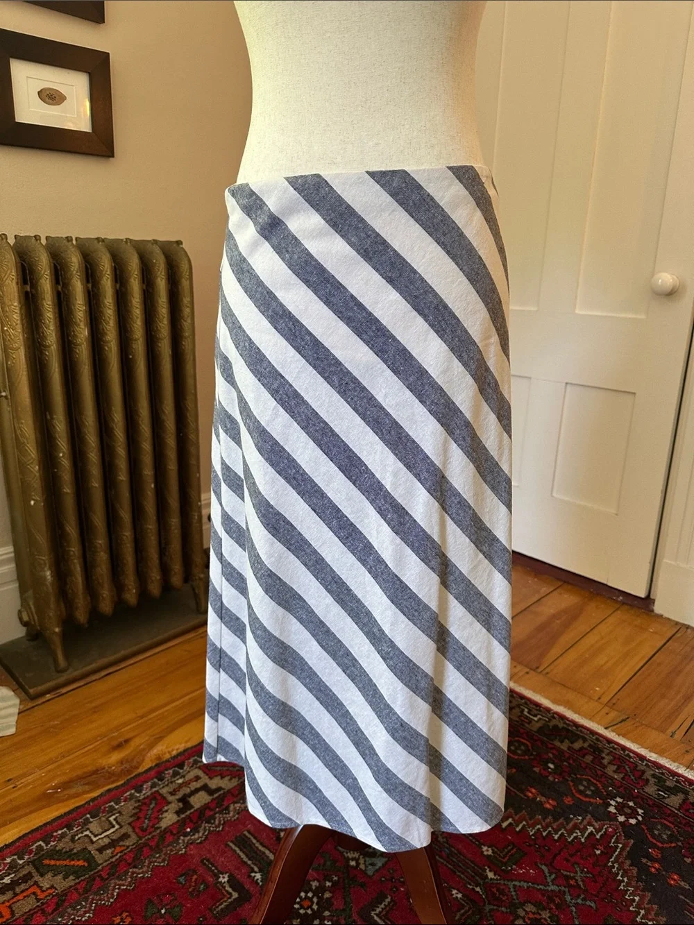 J. Crew Linen Bias Cut A-Line Midi Skirt in Navy and White